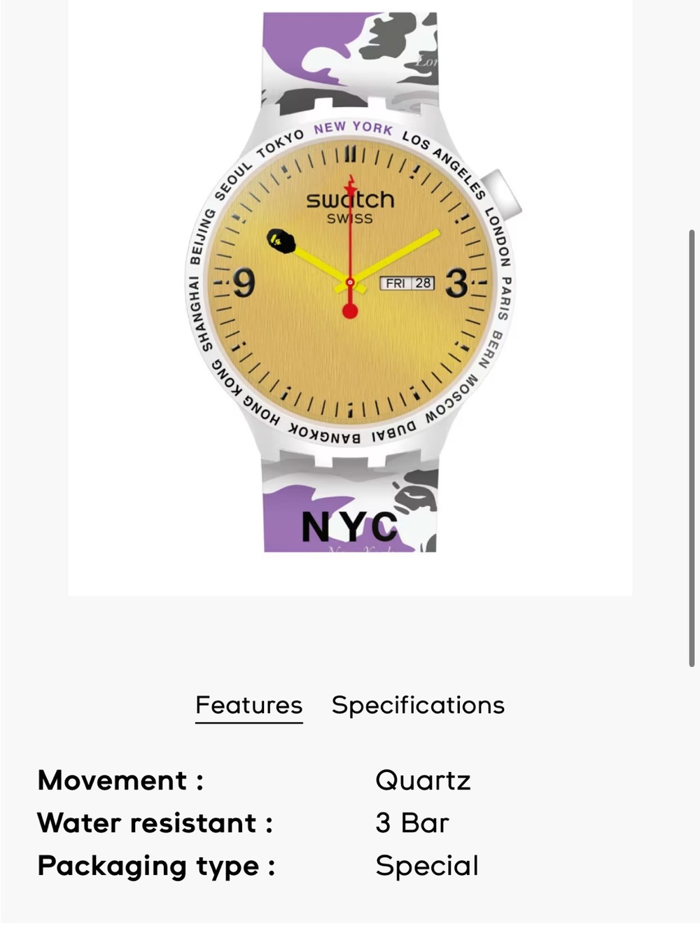 Swatch Big Bold Bape NYC Edition White and Gold Watch